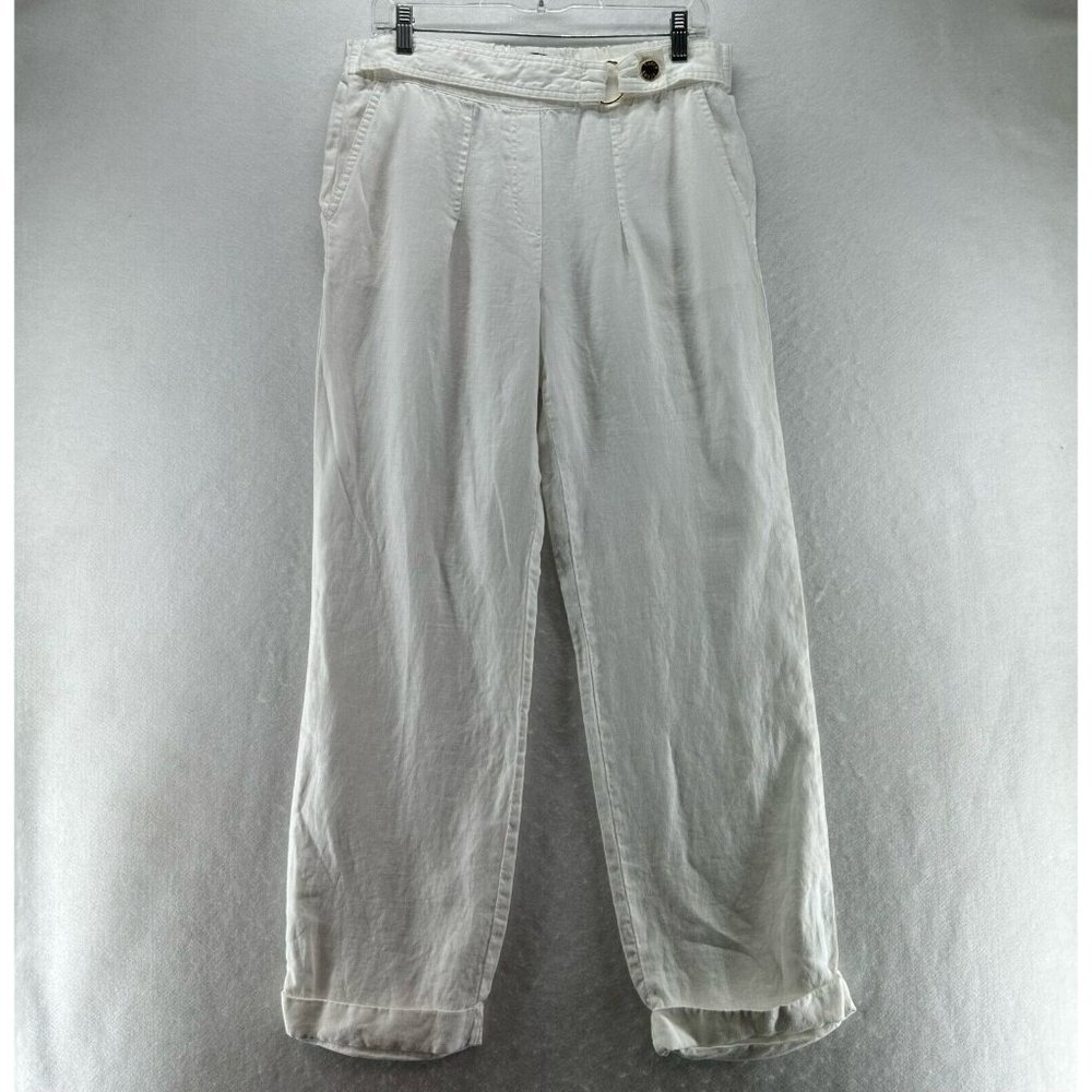Ellen Tracy Pants Size S Linen Pleated Straight Leg Elastic Waist Cuffed White